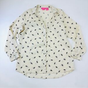 Issac Mizrahi Cream linen womens ButtonUp Shirt with Black Dragonflies Print